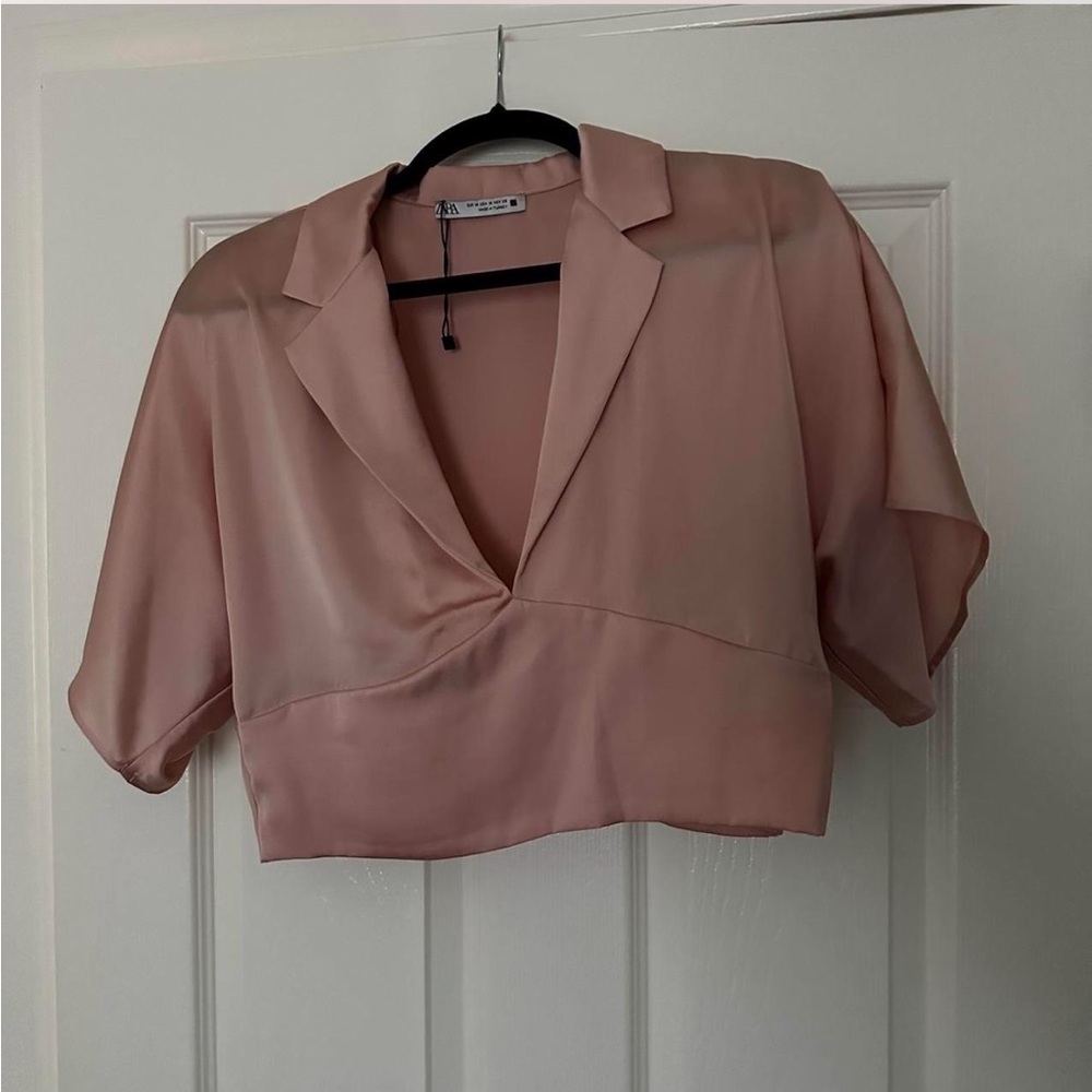 Zara Pink Cropped Blouse with Notched Collar